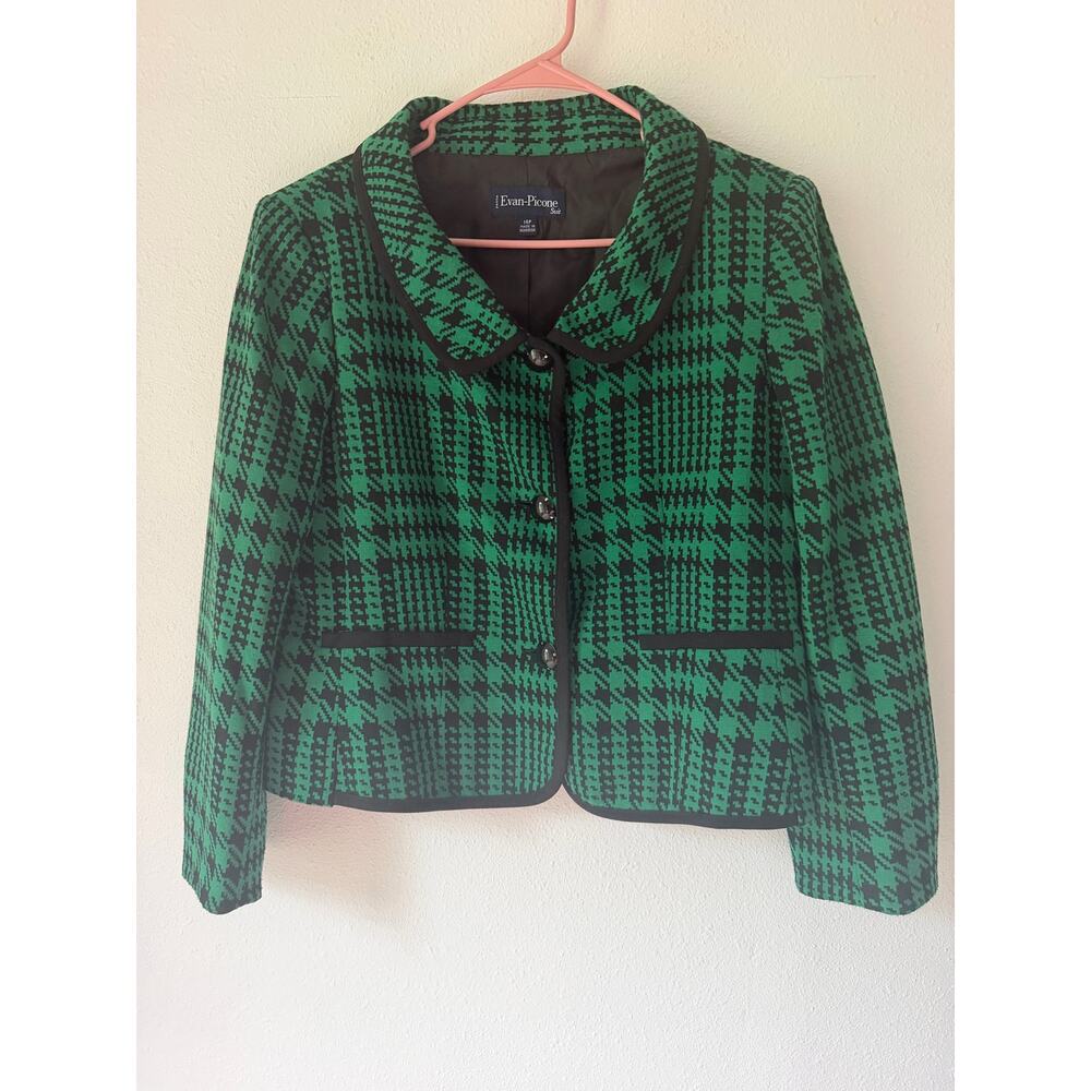 Vintage 90s Evan-Picone Green Black Houndstooth Blazer Jacket Button Up Size 14P - Picture 4 of 10